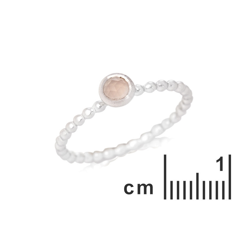 Round rose quartz ring, rhodium-plated 925 silver
