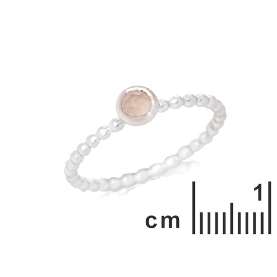 Round rose quartz ring, rhodium-plated 925 silver