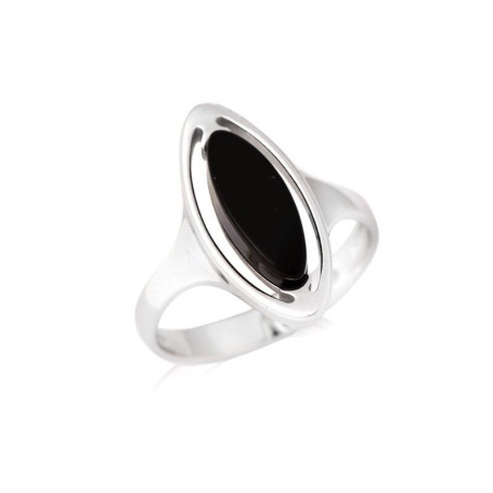 Natural black agate navette ring, in rhodium-plated 925 silver