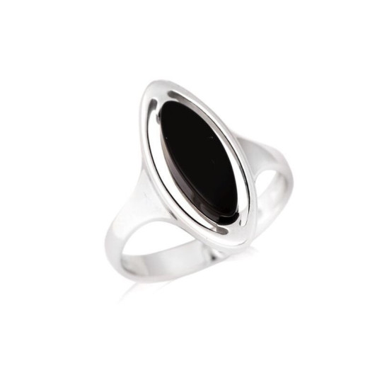Anello navette in agata nera naturale, in argento 925 rodiato