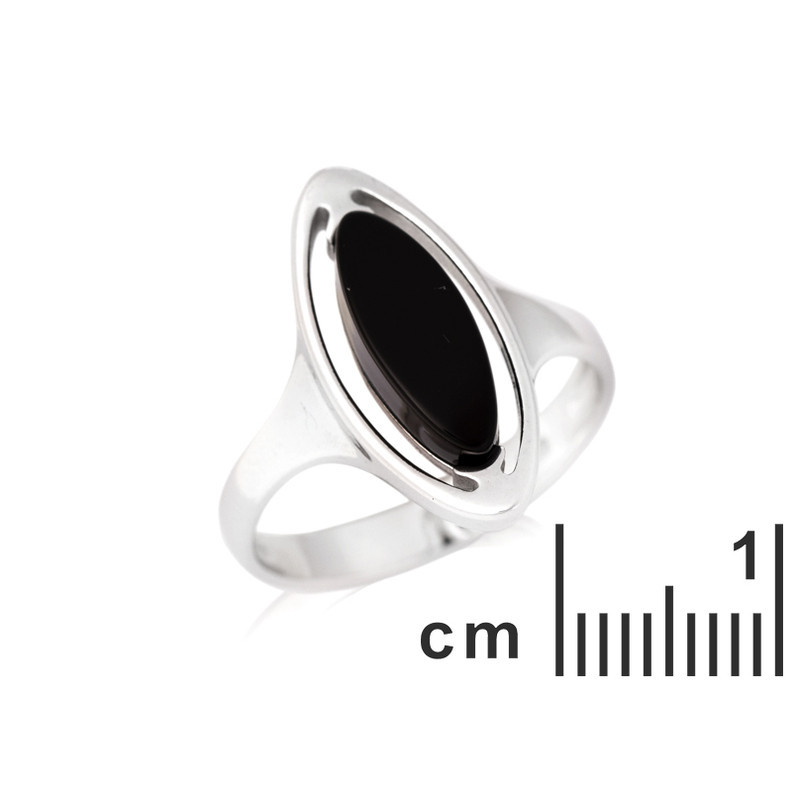 Anillo navette de ágata negra natural, en plata 925 rodiada