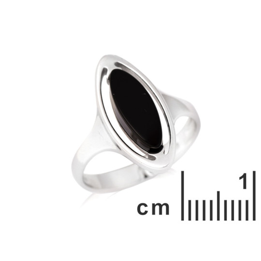 Natural black agate navette ring, in rhodium-plated 925 silver