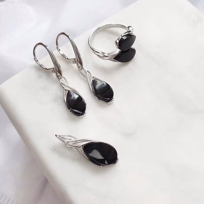 Bague en agate noire naturelle goutte, en argent 925 rhodié