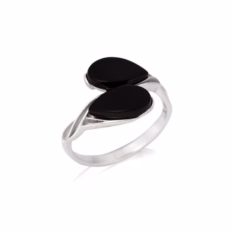Bague en agate noire naturelle goutte, en argent 925 rhodié