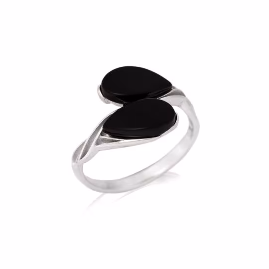 Bague en agate noire naturelle goutte, en argent 925 rhodié