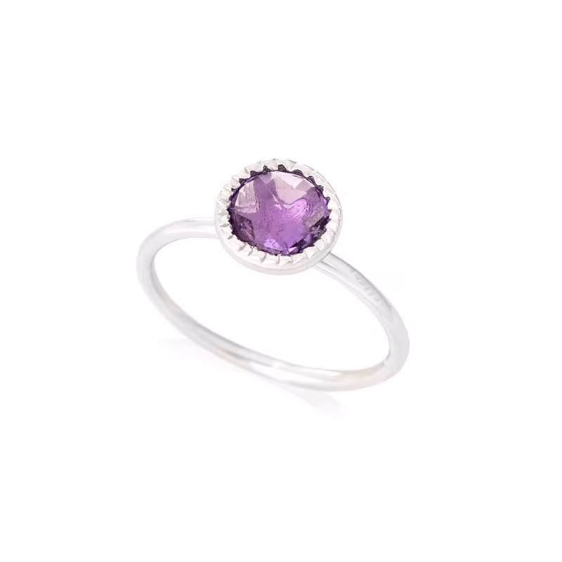 Bague en améthyste violette ronde, en argent 925 rhodié