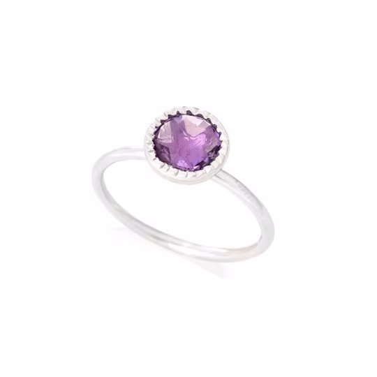 Bague en améthyste violette ronde, en argent 925 rhodié