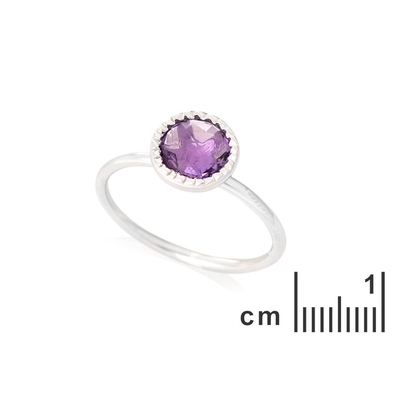 Anillo redondo de amatista morada, plata 925 rodiada
