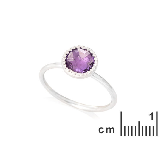 Anello rotondo in ametista viola, argento 925 rodiato