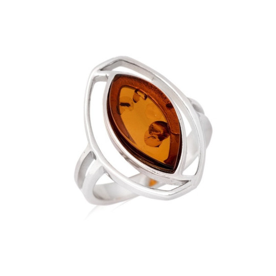 Anello ovale in ambra naturale del Mar Baltico color cognac, argento 925 rodiato