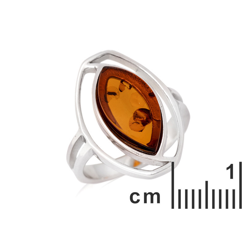 Anello ovale in ambra naturale del Mar Baltico color cognac, argento 925 rodiato