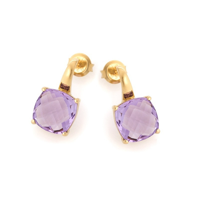 Cushion-cut purple amethyst drop earrings in gold plated 925 silver