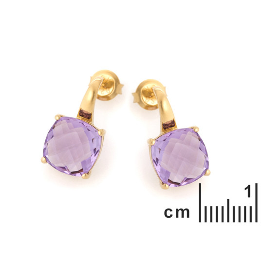Cushion-cut purple amethyst drop earrings in gold plated 925 silver