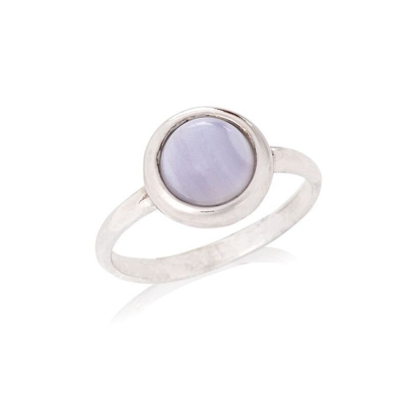 Natural round blue lace agate ring, rhodium-plated 925 silver