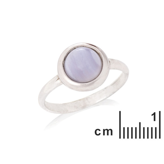 Natural round blue lace agate ring, rhodium-plated 925 silver