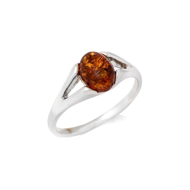 Anello ovale in ambra cognac del Mar Baltico, argento 925 rodiato