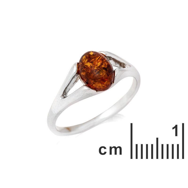 Anello ovale in ambra cognac del Mar Baltico, argento 925 rodiato