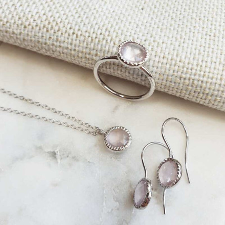 Natural round rose quartz dangle earrings, rhodium-plated 925 silver