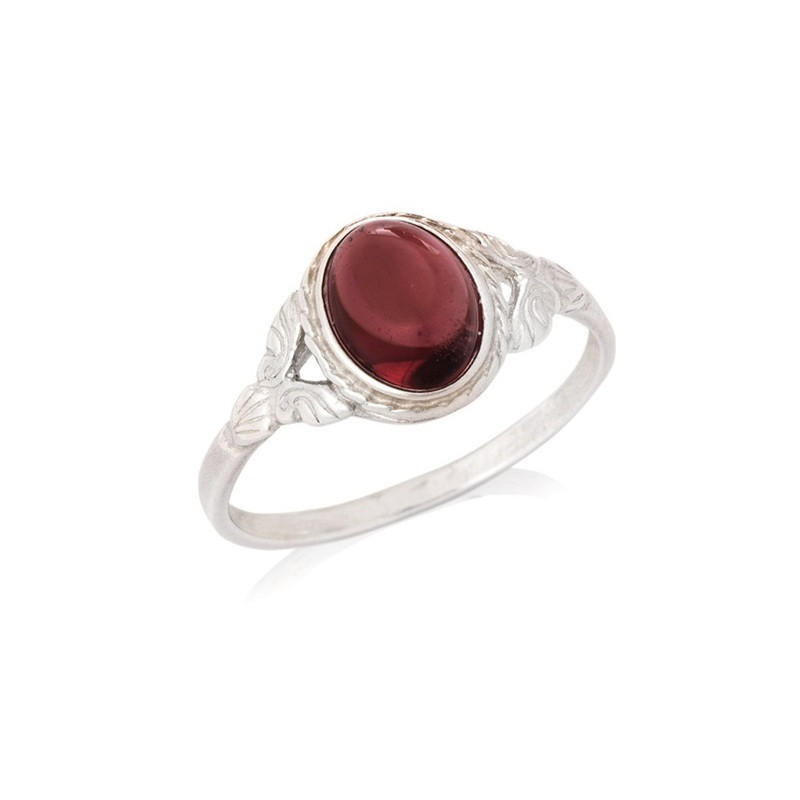 Anillo ovalado de granate rojo natural, en plata 925 envejecida