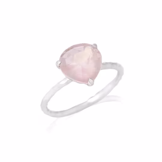 Anillo de corazón de cuarzo rosa natural, plata 925 rodiada