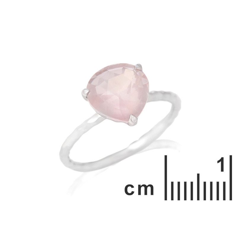 Anello a forma di cuore in quarzo rosa naturale, argento 925 rodiato
