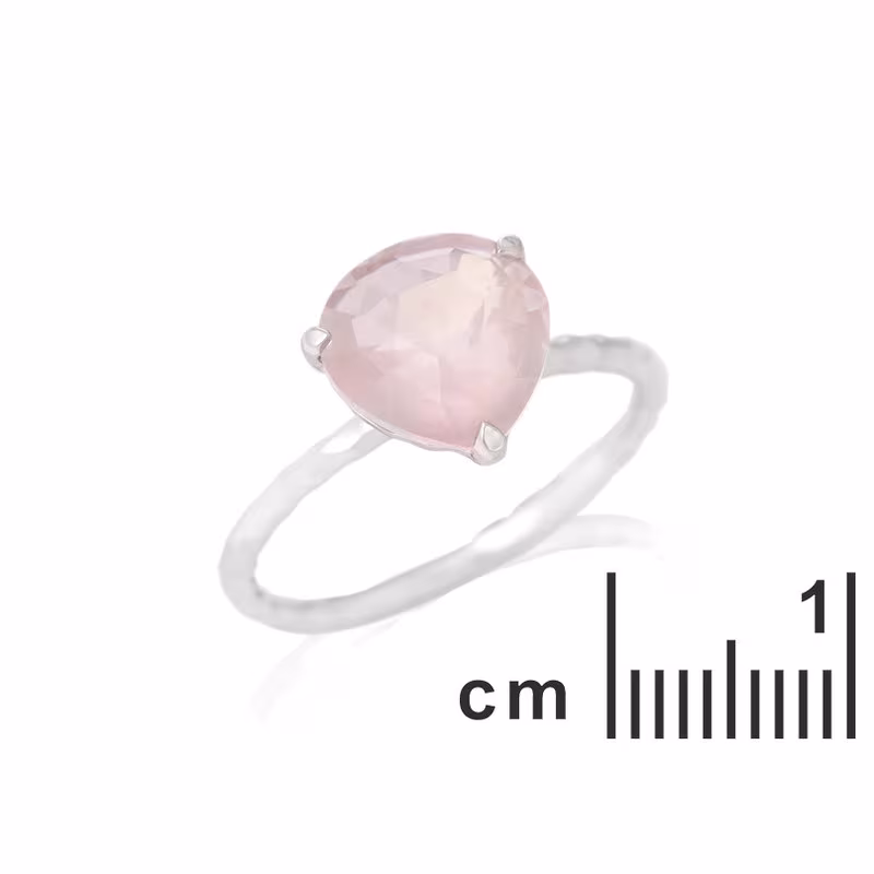 Anillo de corazón de cuarzo rosa natural, plata 925 rodiada