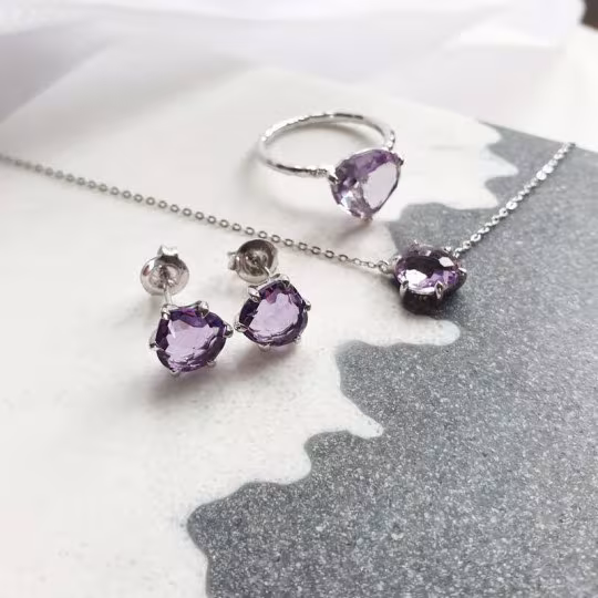 Bague coeur en améthyste violette naturelle, en argent 925 rhodié