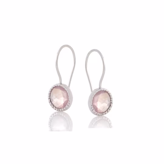 Natural round rose quartz dangle earrings, rhodium-plated 925 silver