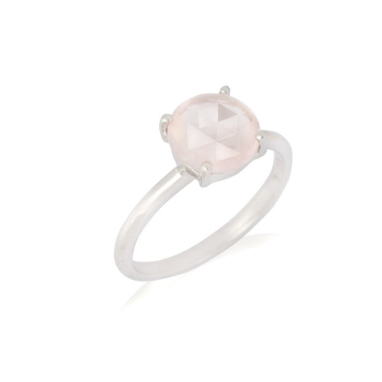Natural round rose quartz ring, rhodium-plated 925 silver