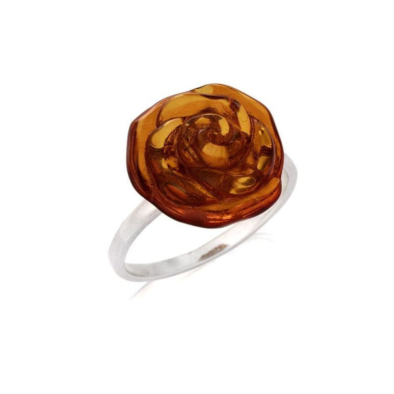 Large irregular cognac amber flower stone ring, in rhodium-plated 925 silver