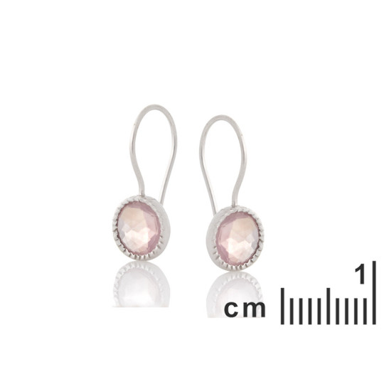 Natural round rose quartz dangle earrings, rhodium-plated 925 silver