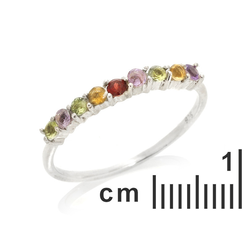Anillo multipiedra con piedras redondas multicolor, en plata 925 rodiada