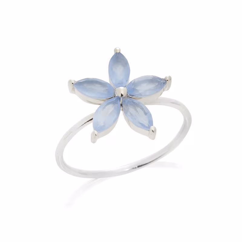 Bague multipierres fleur en calcédoine bleue navette, en argent 925 rhodié