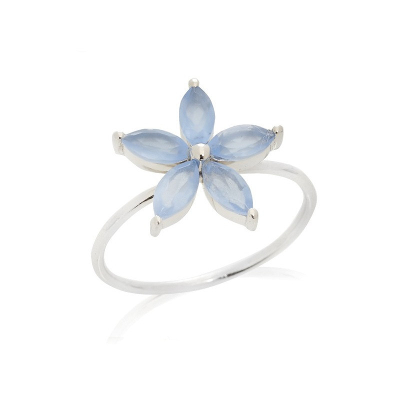 Multi-stone flower ring in blue chalcedony navette, in rhodium-plated 925 silver