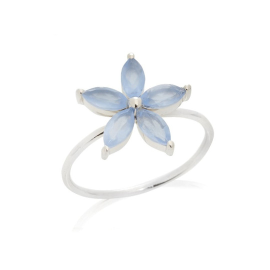 Anello a forma di fiore multipietra in calcedonio blu navette, in argento 925 rodiato