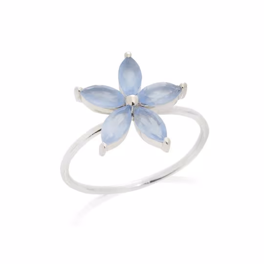 Bague multipierres fleur en calcédoine bleue navette, en argent 925 rhodié