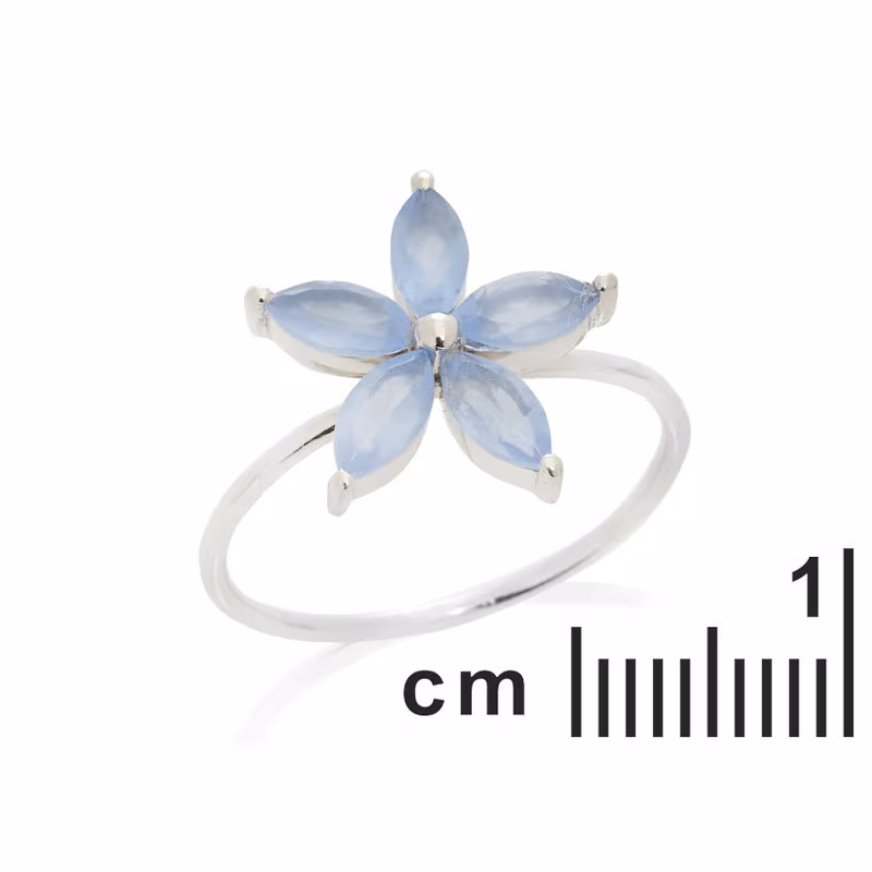 Bague multipierres fleur en calcédoine bleue navette, en argent 925 rhodié