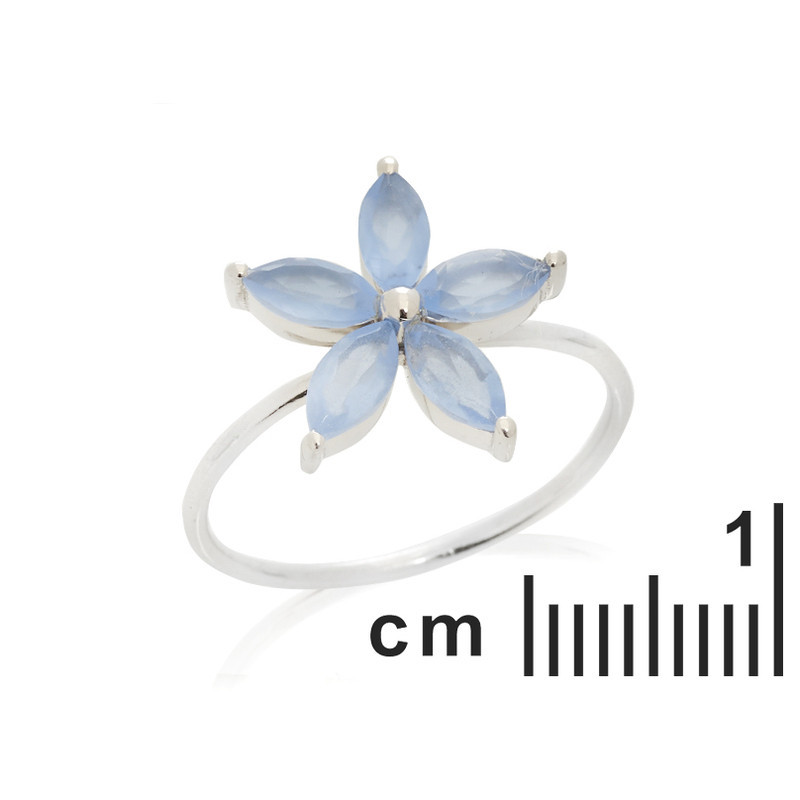 Multi-stone flower ring in blue chalcedony navette, in rhodium-plated 925 silver