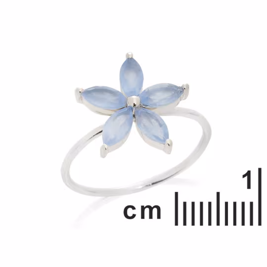 Bague multipierres fleur en calcédoine bleue navette, en argent 925 rhodié