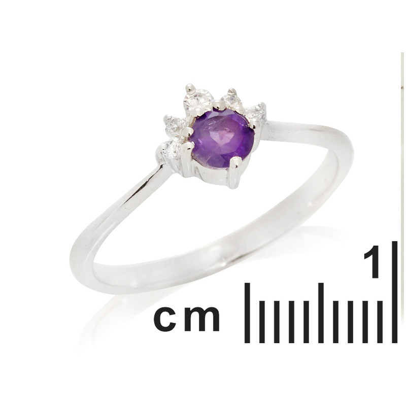 Bague en améthyste ronde et oxyde de zirconium, en argent 925 rhodié