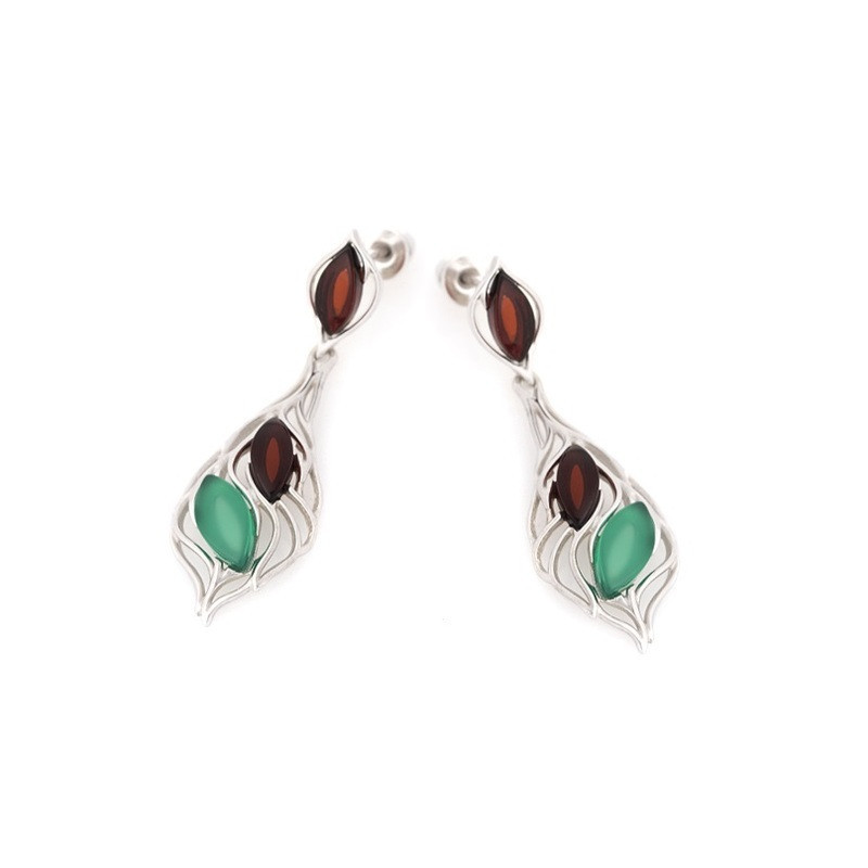 Boucles d'oreilles pendantes en ambre navette et agate, en argent 925 rhodié