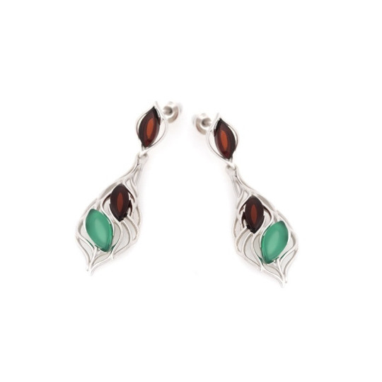 Boucles d'oreilles pendantes en ambre navette et agate, en argent 925 rhodié