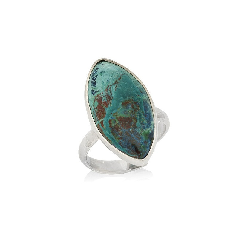 Anillo navette de shattuckita azul natural, en plata 925 rodiada