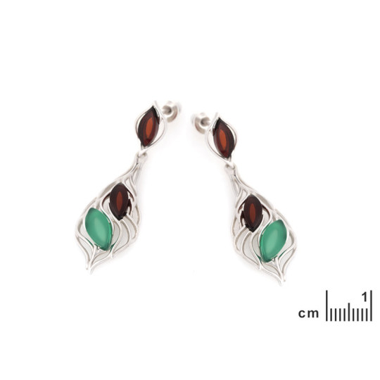 Boucles d'oreilles pendantes en ambre navette et agate, en argent 925 rhodié