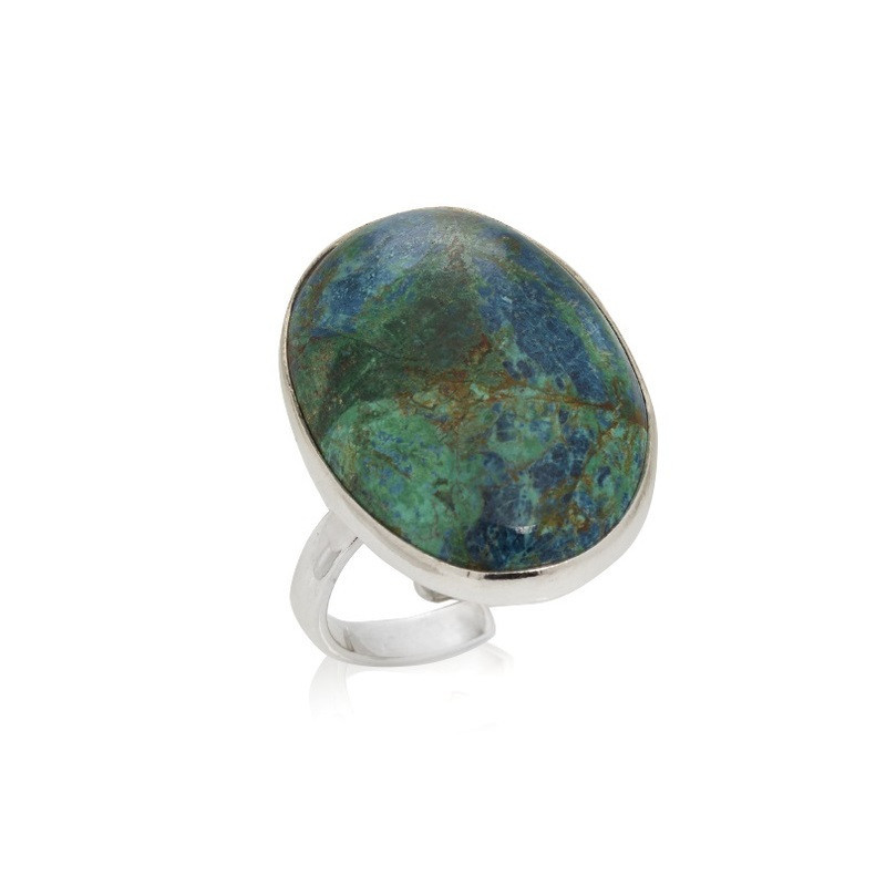 Large oval natural blue shattuckite stone ring, in rhodium-plated 925 silver