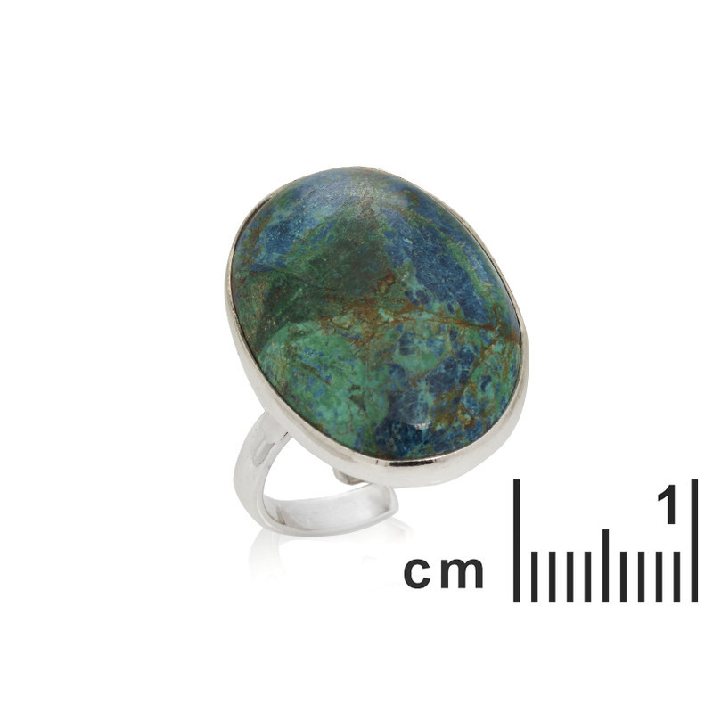 Large oval natural blue shattuckite stone ring, in rhodium-plated 925 silver