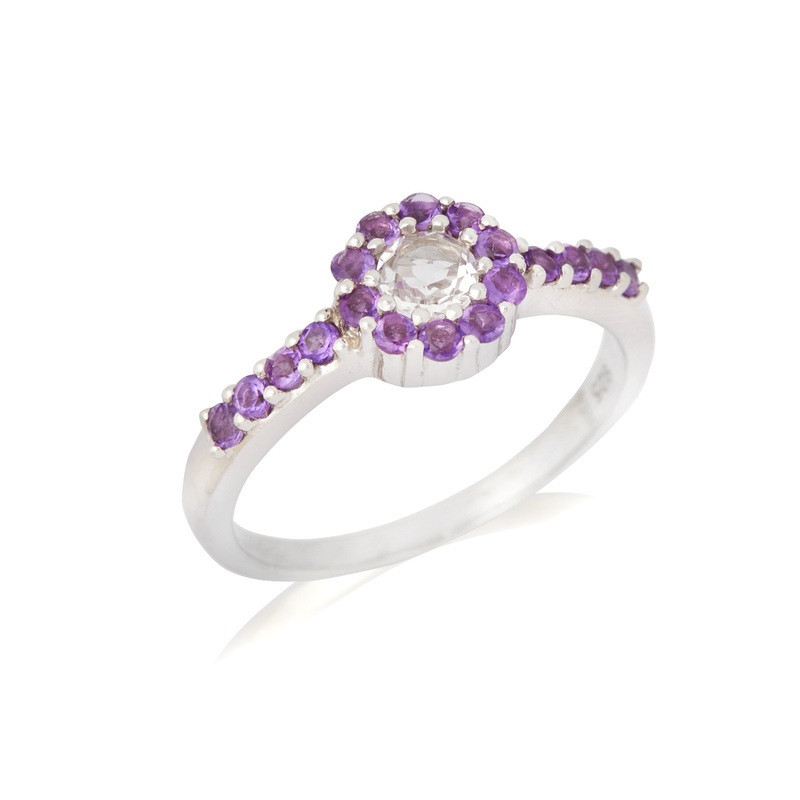 Anello multipietra a forma di fiore in cristallo di rocca e ametista, in argento 925 rodiato