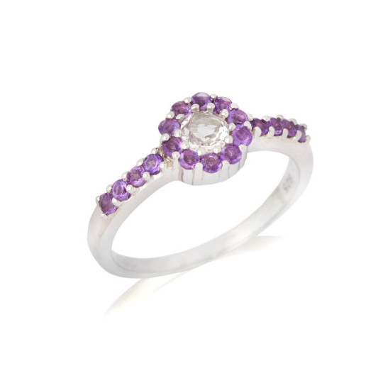 Anello multipietra a forma di fiore in cristallo di rocca e ametista, in argento 925 rodiato