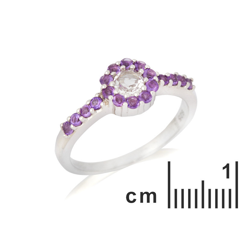 Anello multipietra a forma di fiore in cristallo di rocca e ametista, in argento 925 rodiato