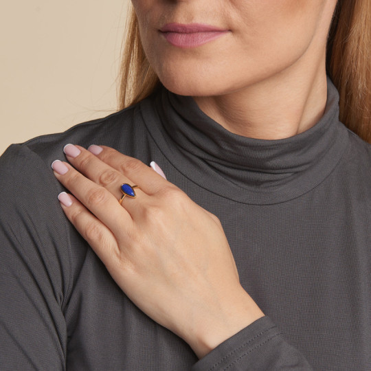 Anillo de gota de lapislázuli azul natural, en plata 925 dorado oro